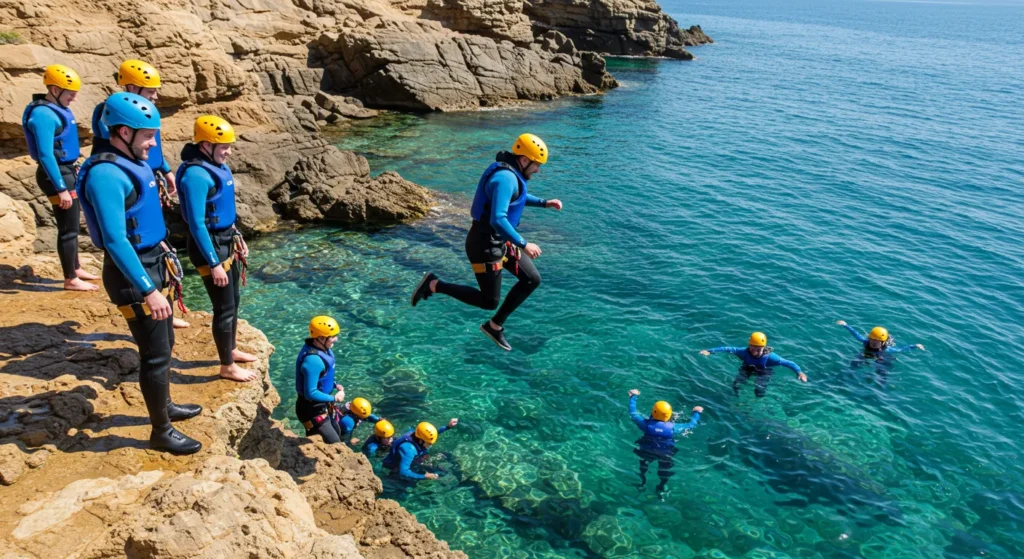 Group of people coasteering, cliff jumping into clear blue sea along a coastline while wearing wetsuits, helmets, and safety gear. Gear up for the ultimate coastal adrenaline rush!