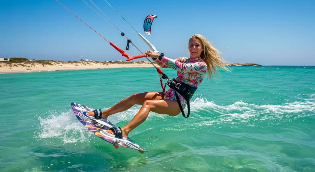 Confident woman Kitesurfing over the sea, gliding on the water on a sunny blue sky day. A high-energy, action-packed experience.